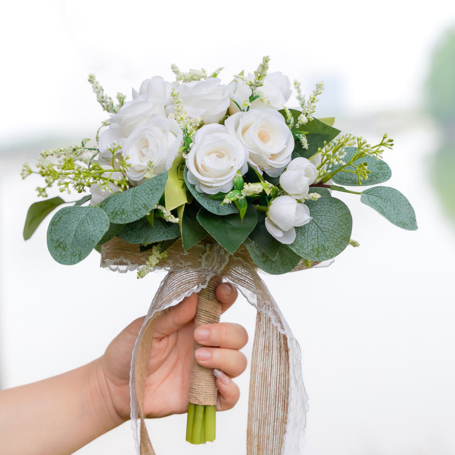 12" Bridesmaid Bouquets - White Rose and Eucalyptus