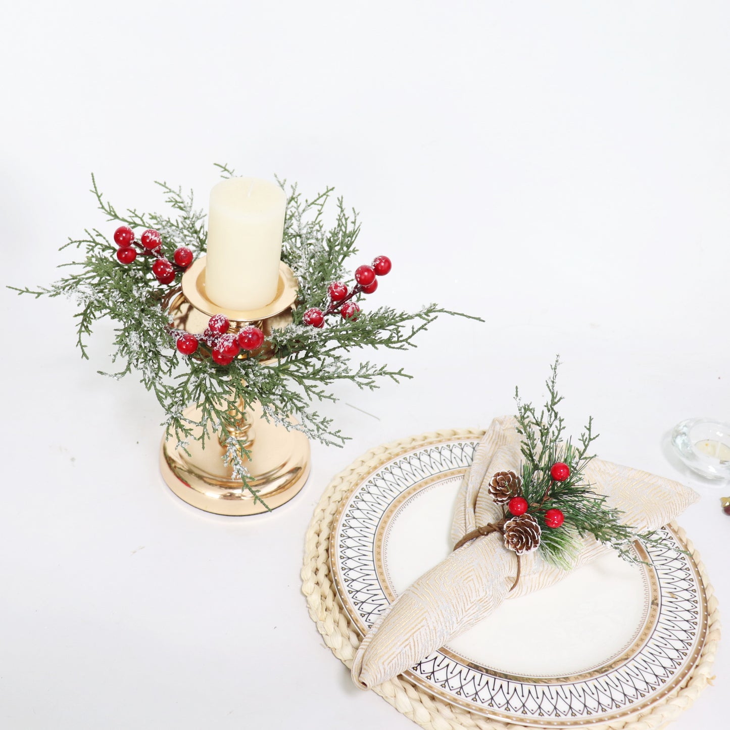 Christmas Candle Rings Wreath Artificial Snowy Pine Garland for Christmas Decorations Table Centerpiece