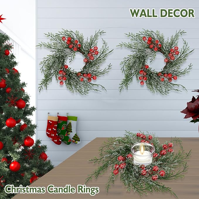 Christmas Candle Rings Wreath Artificial Snowy Pine Garland for Christmas Decorations Table Centerpiece