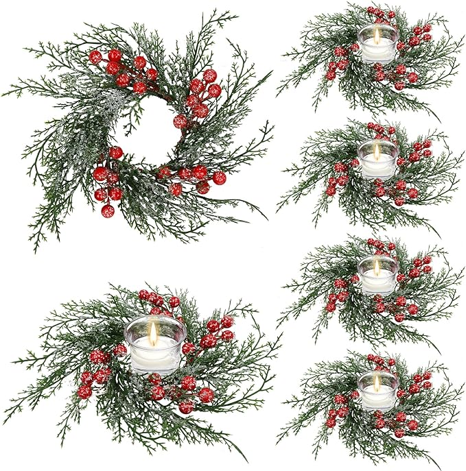 Christmas Candle Rings Wreath Artificial Snowy Pine Garland for Christmas Decorations Table Centerpiece