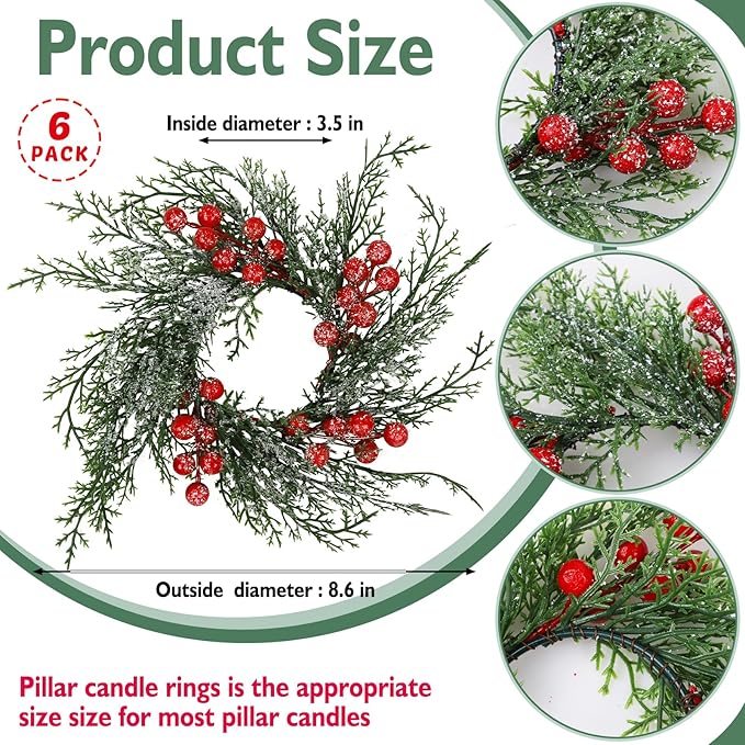 Christmas Candle Rings Wreath Artificial Snowy Pine Garland for Christmas Decorations Table Centerpiece
