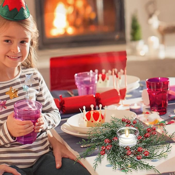 Christmas Candle Rings Wreath Artificial Snowy Pine Garland for Christmas Decorations Table Centerpiece