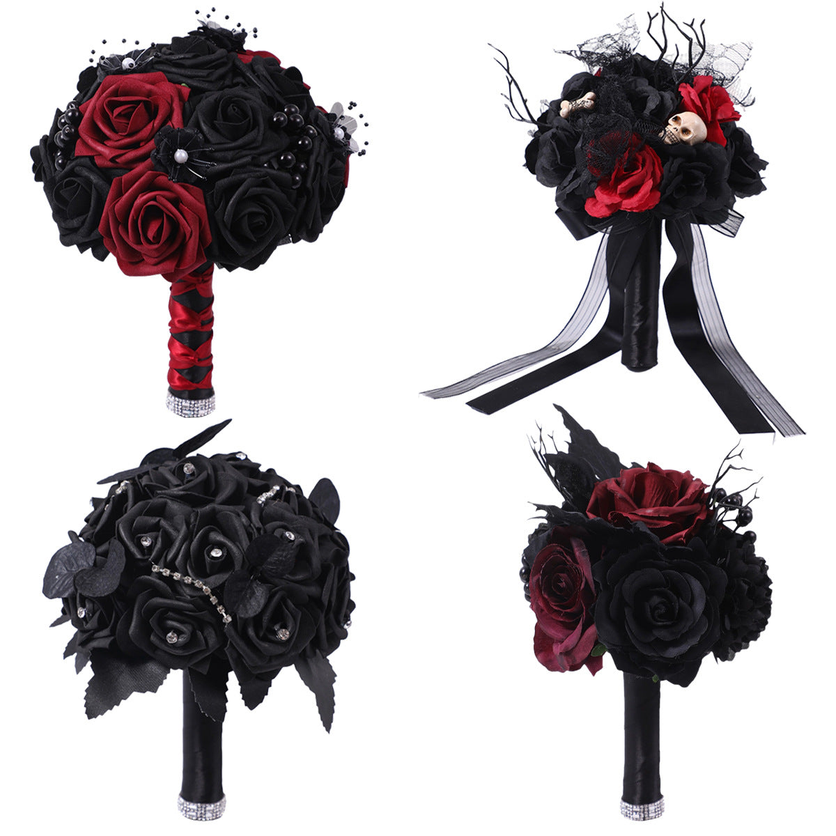 ROUND BRIDESMAID BOUQUETS IN BLACK AND HALLOWEEN COLOR