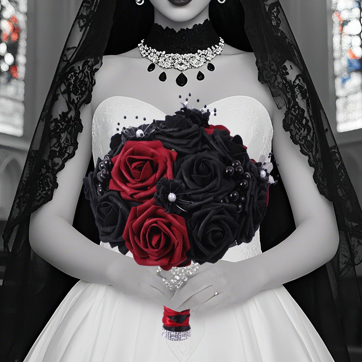 ROUND BRIDESMAID BOUQUETS IN BLACK AND HALLOWEEN COLOR