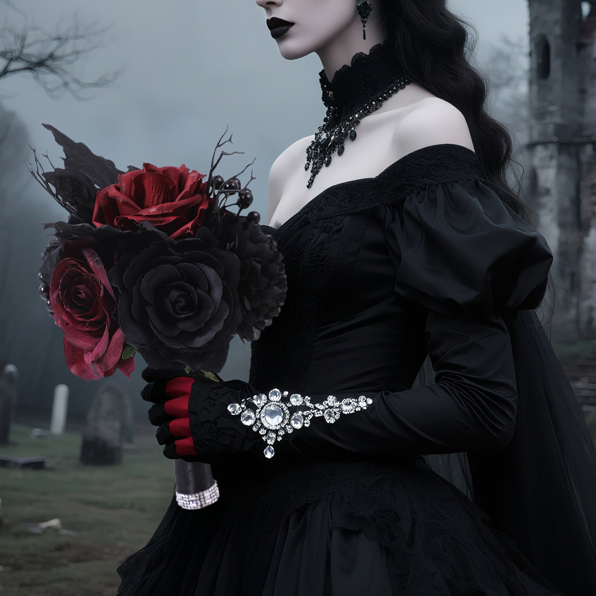 ROUND BRIDESMAID BOUQUETS IN BLACK AND HALLOWEEN COLOR
