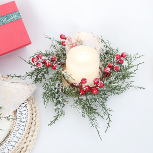 Christmas Candle Rings Wreath Artificial Snowy Pine Garland for Christmas Decorations Table Centerpiece